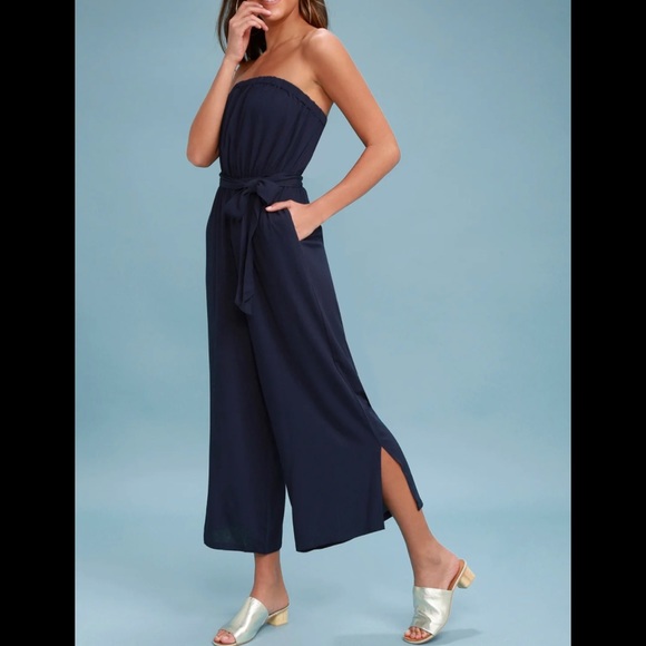navy blue strapless jumpsuit